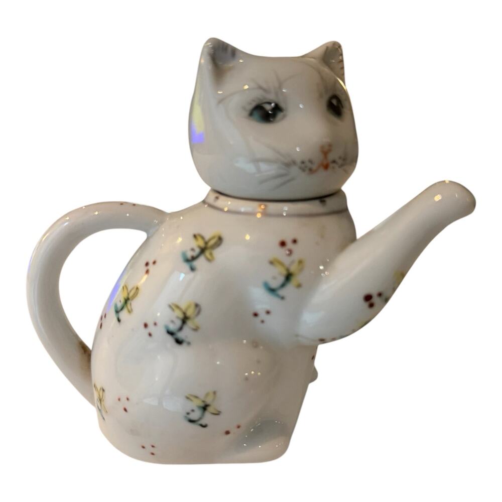 White Porcelain Cat Shaped Bottle Cruet Container Head Lid Floral China 5"